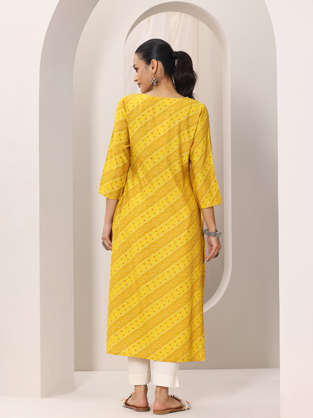 Mustard Printed Silk Blend Straight Kurta