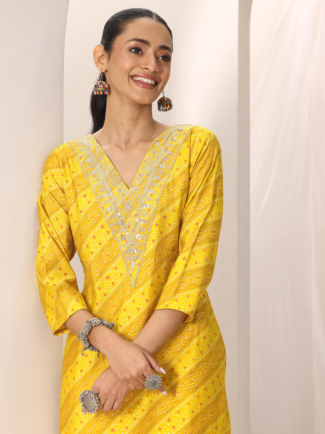 Mustard Printed Silk Blend Straight Kurta