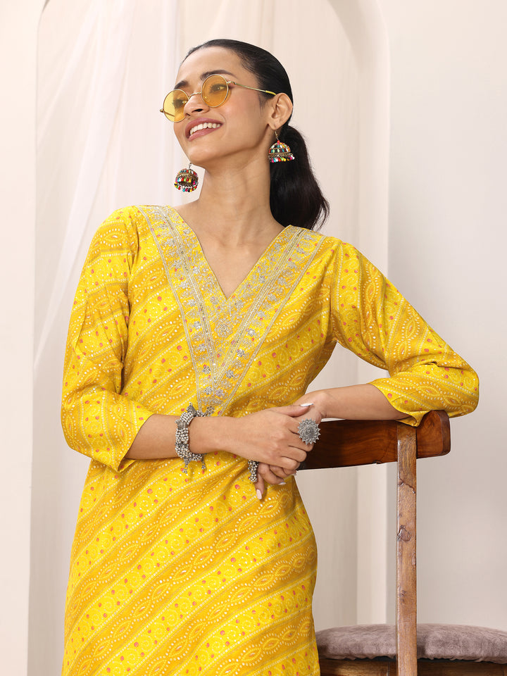 Mustard Printed Silk Blend Straight Kurta