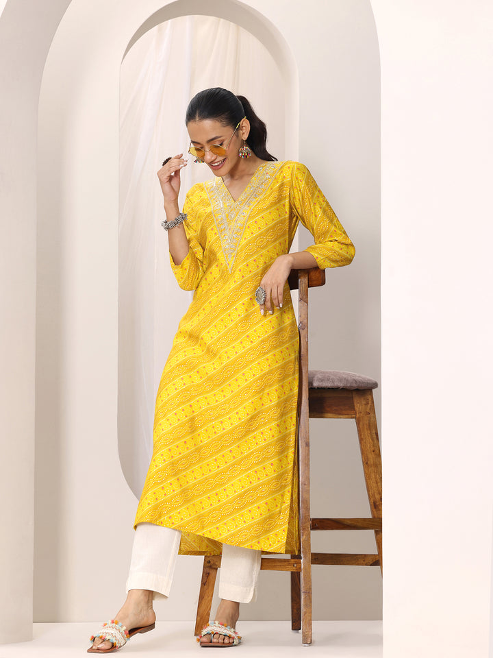 Mustard Printed Silk Blend Straight Kurta