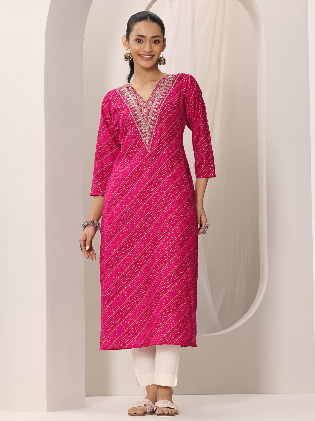 Pink Printed Silk Blend Straight Kurta