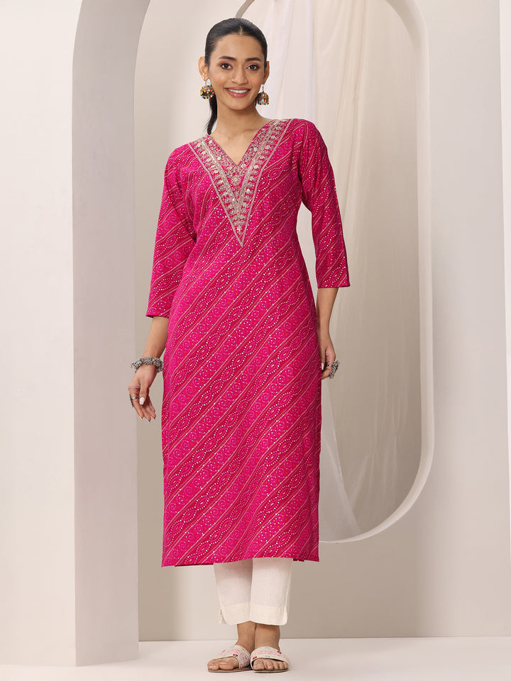 Pink Printed Silk Blend Straight Kurta