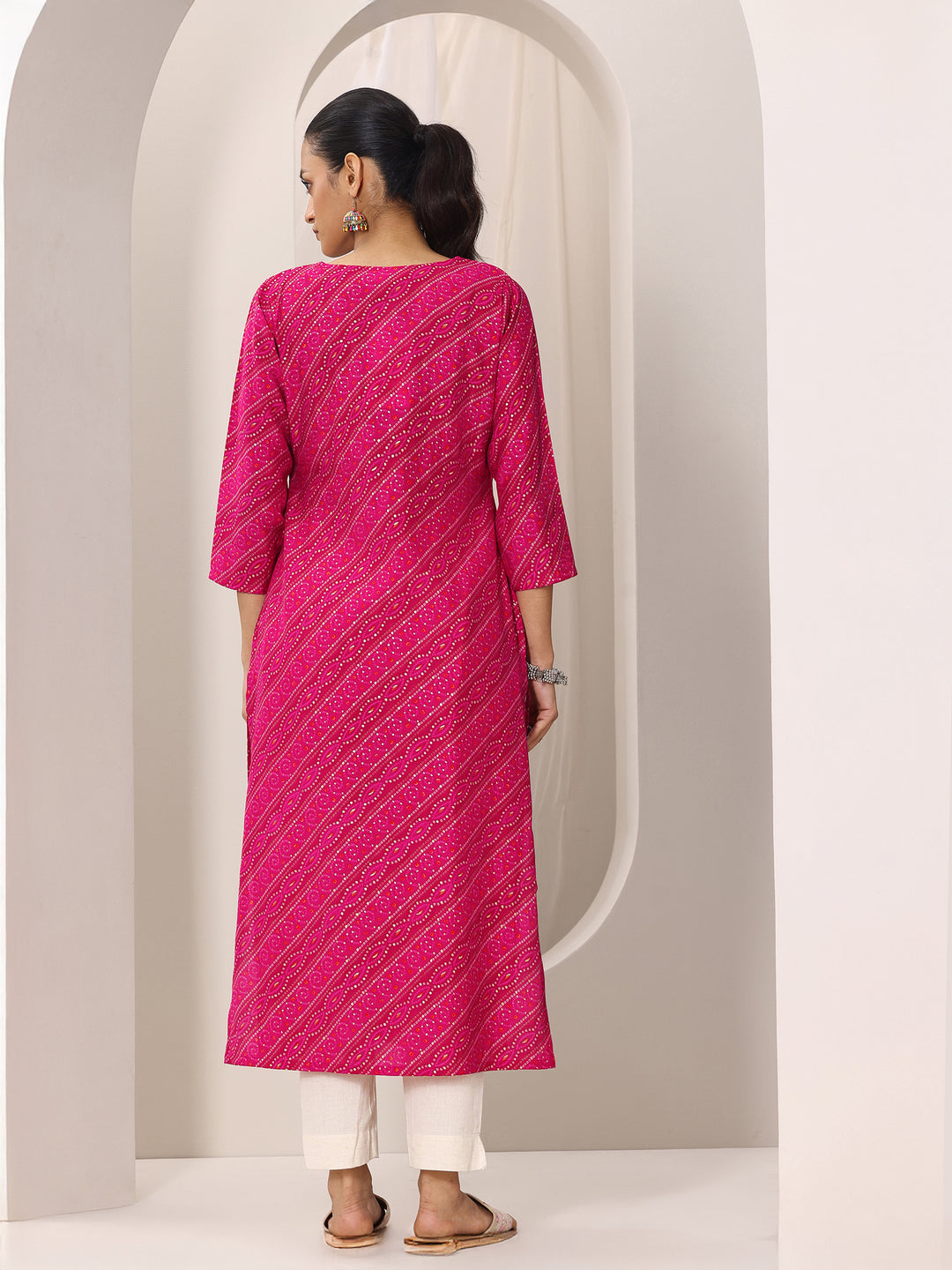 Pink Printed Silk Blend Straight Kurta