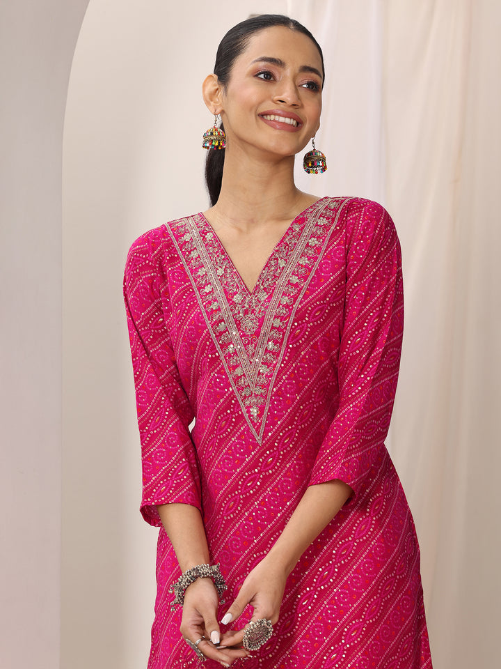 Pink Printed Silk Blend Straight Kurta