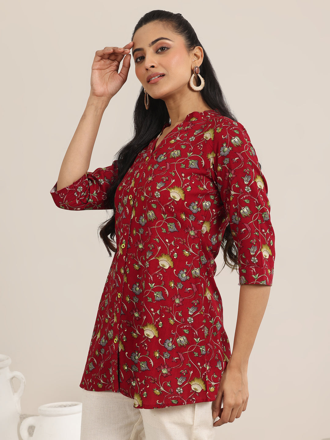 Red Printed Rayon Straight Short Kurti
