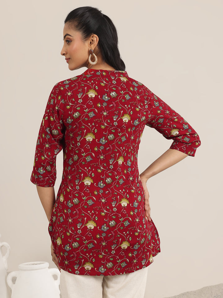 Red Printed Rayon Straight Short Kurti