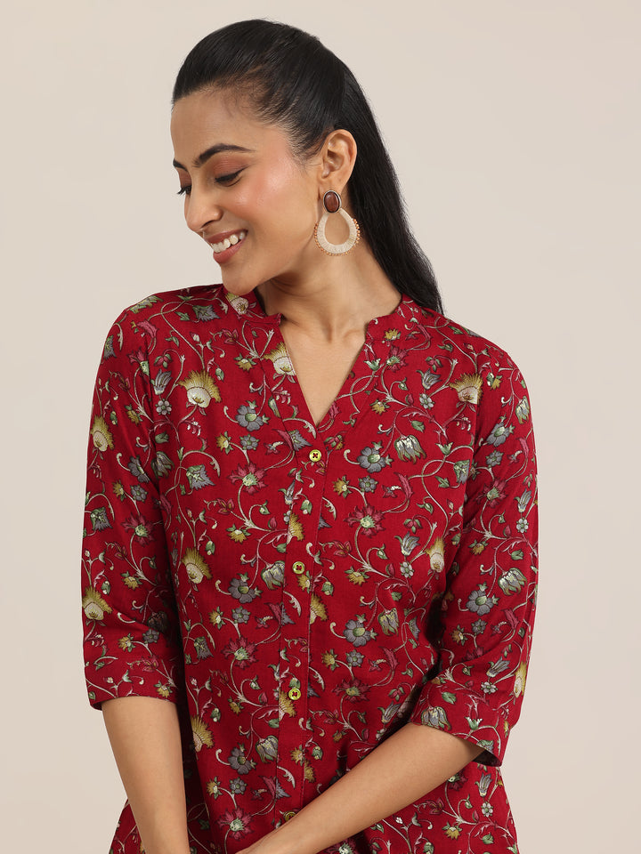 Red Printed Rayon Straight Short Kurti