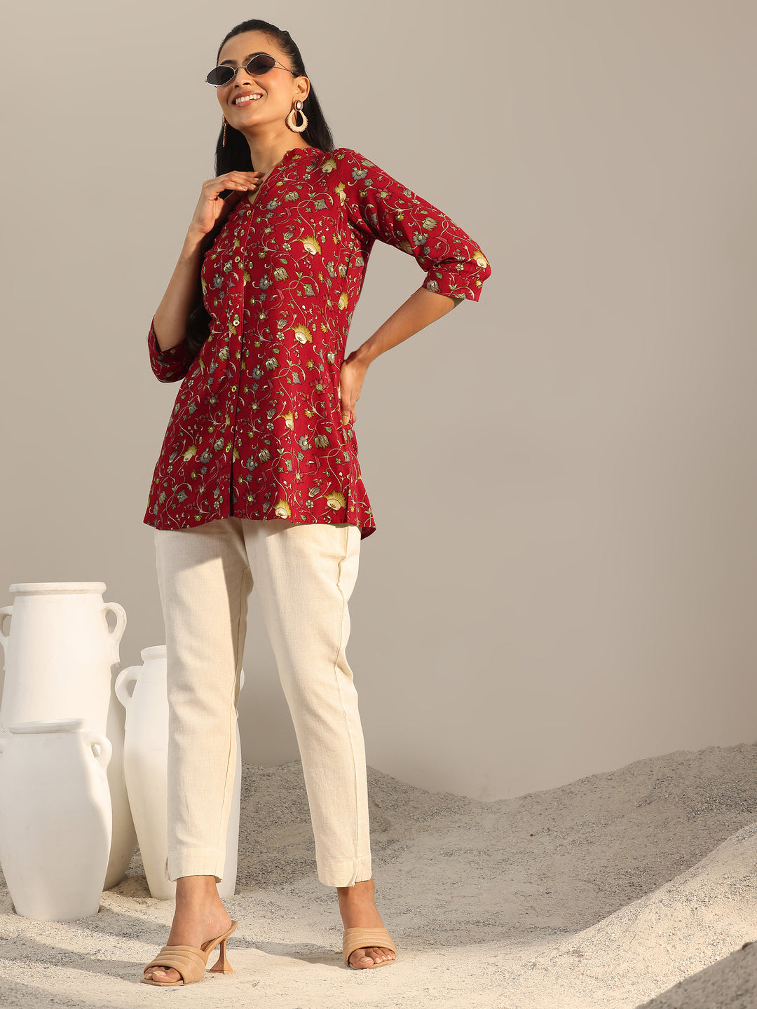 Red Printed Rayon Straight Short Kurti