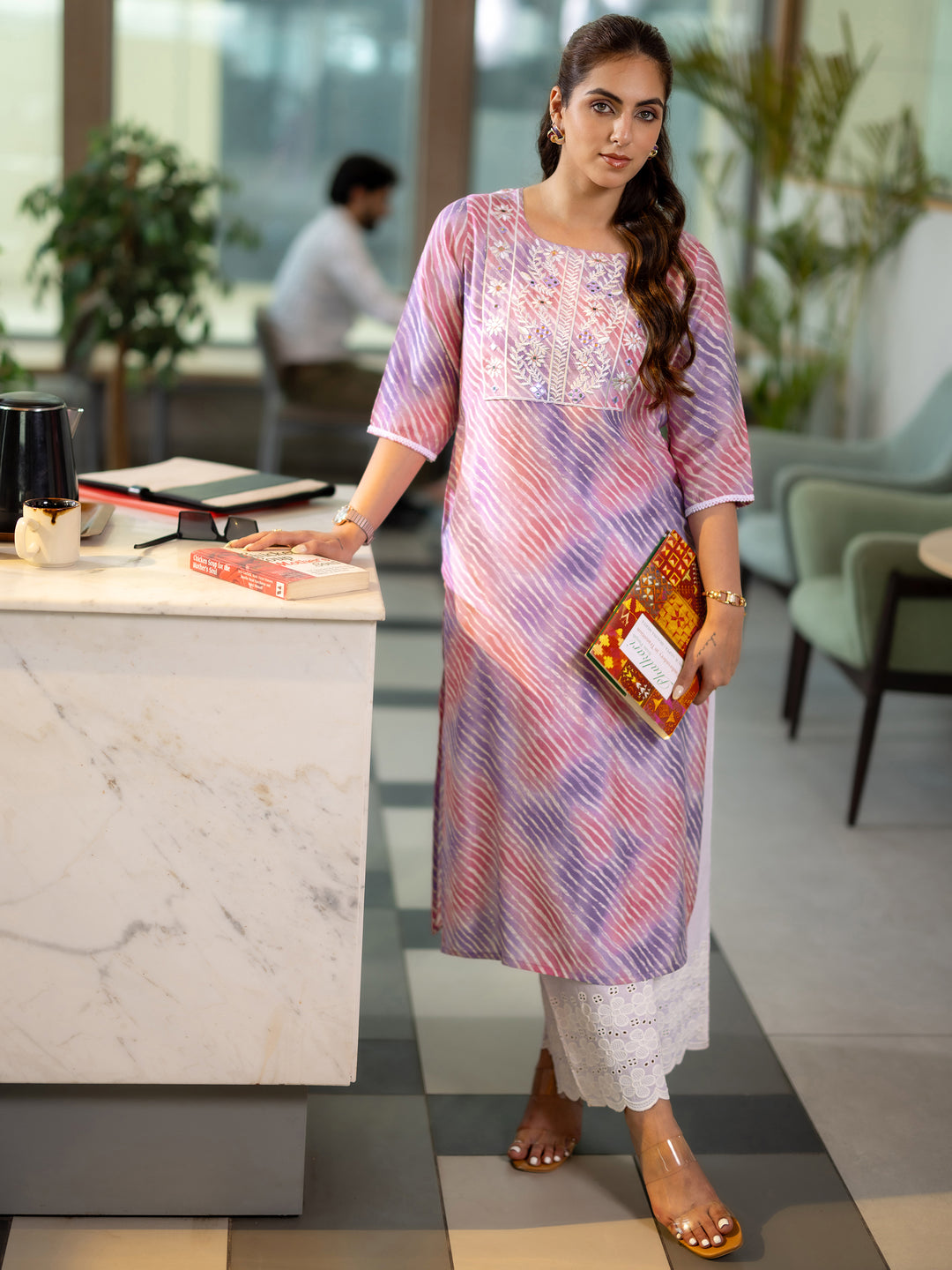 Lavender Printed Silk Blend Straight Kurta