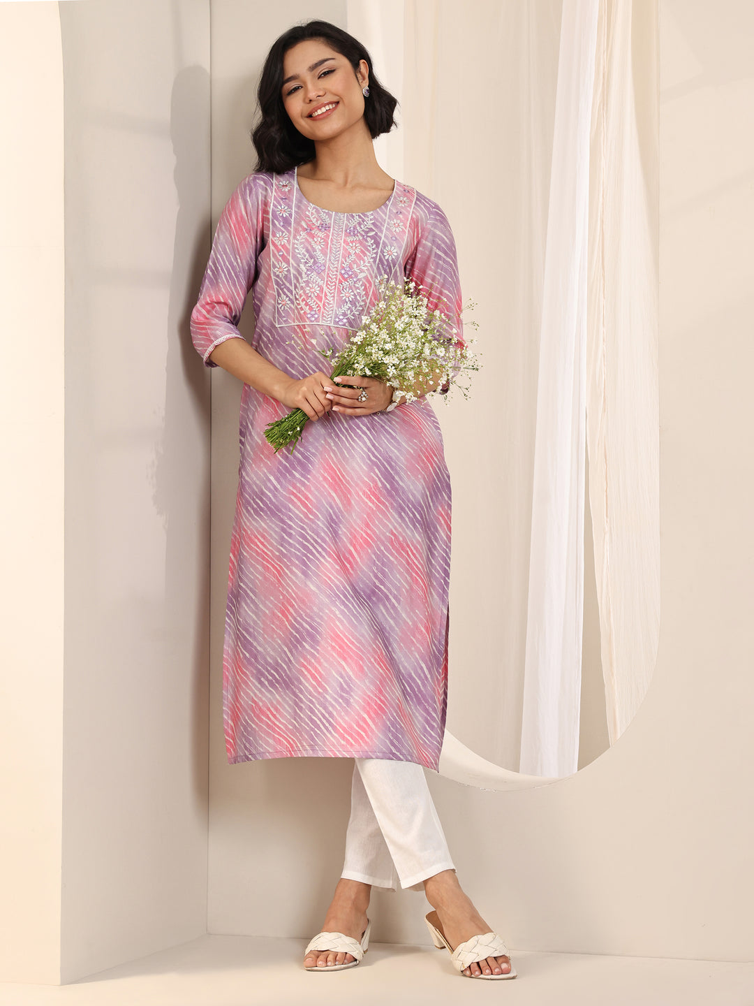 Lavender Printed Silk Blend Straight Kurta