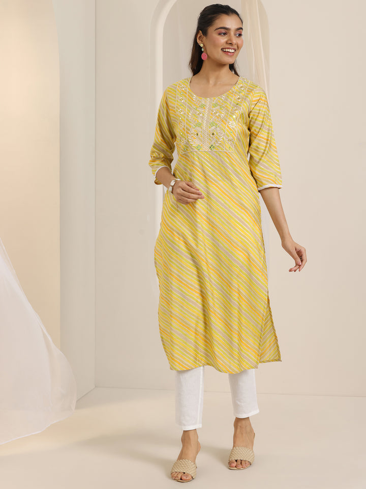 Mustard Printed Silk Blend Straight Kurta