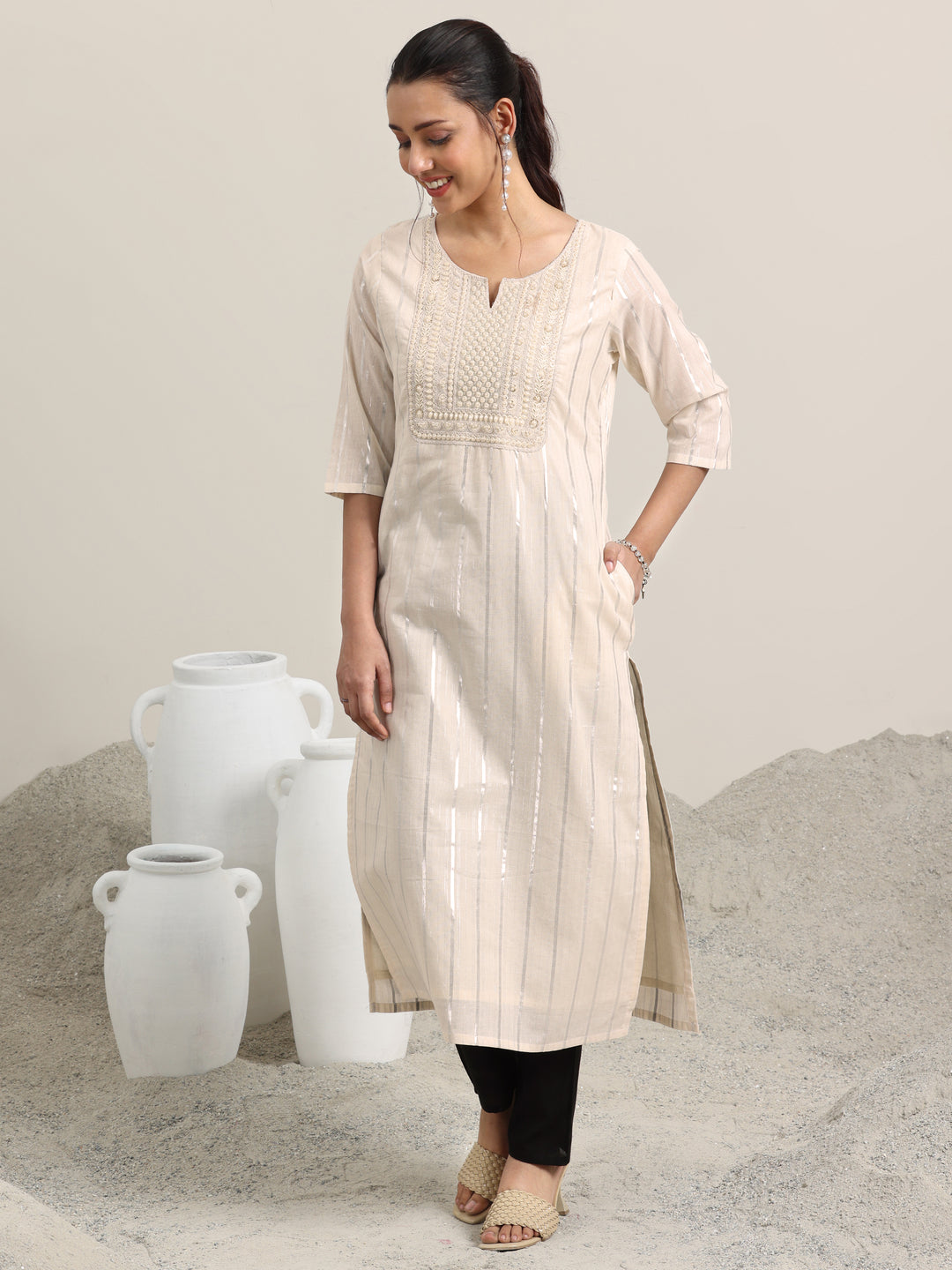 Off White Embellished Cotton Straight Kurta