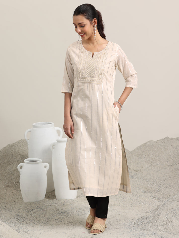 Off White Embellished Cotton Straight Kurta
