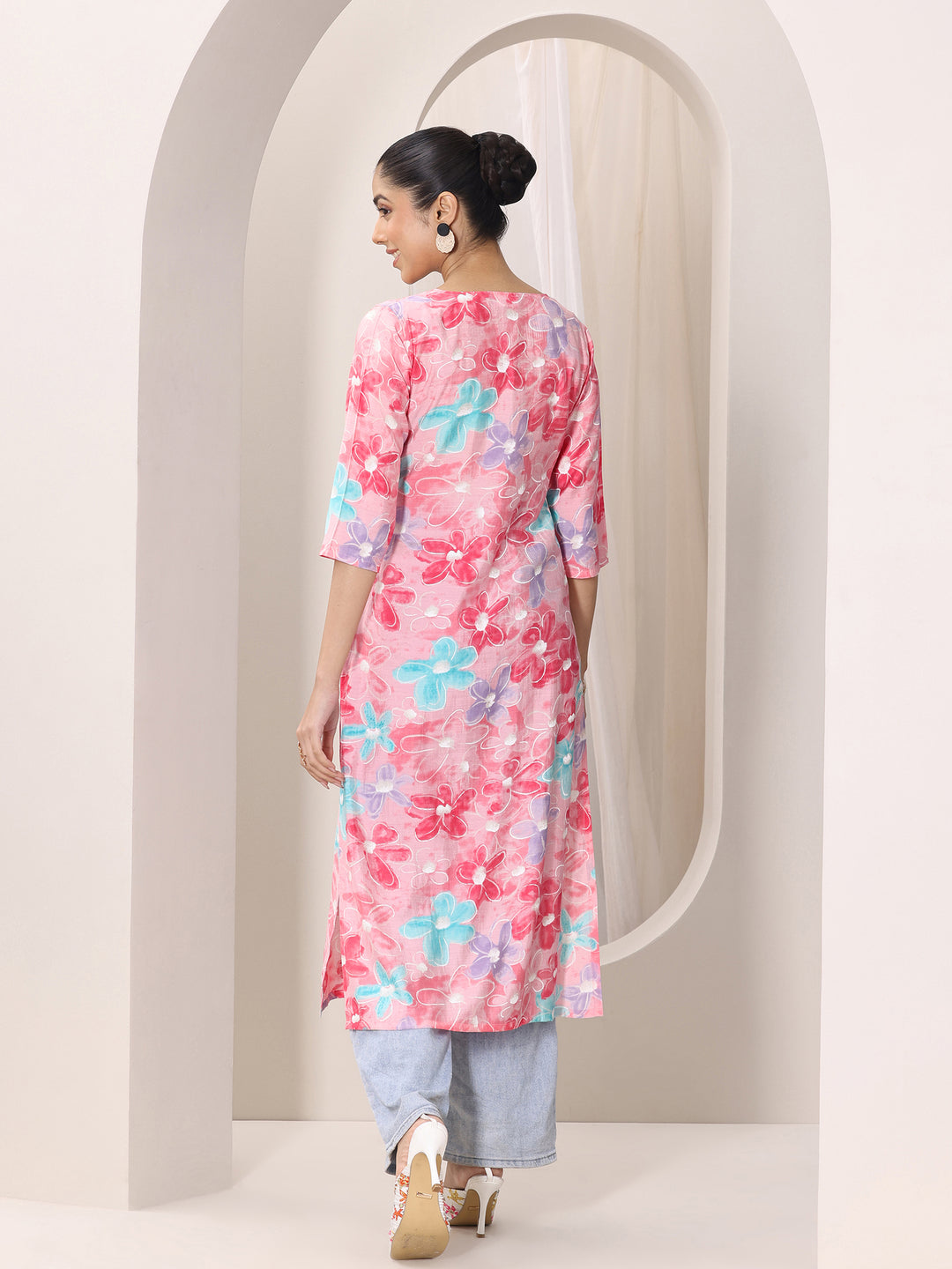 Pink Printed Silk Blend Straight Kurta
