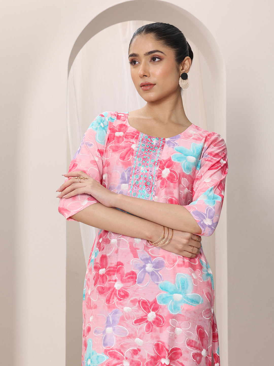 Pink Printed Silk Blend Straight Kurta