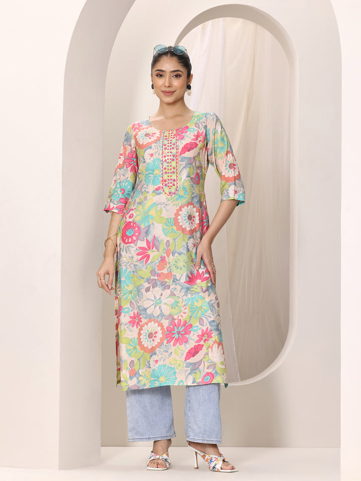 Multi Printed Silk Blend Straight Kurta