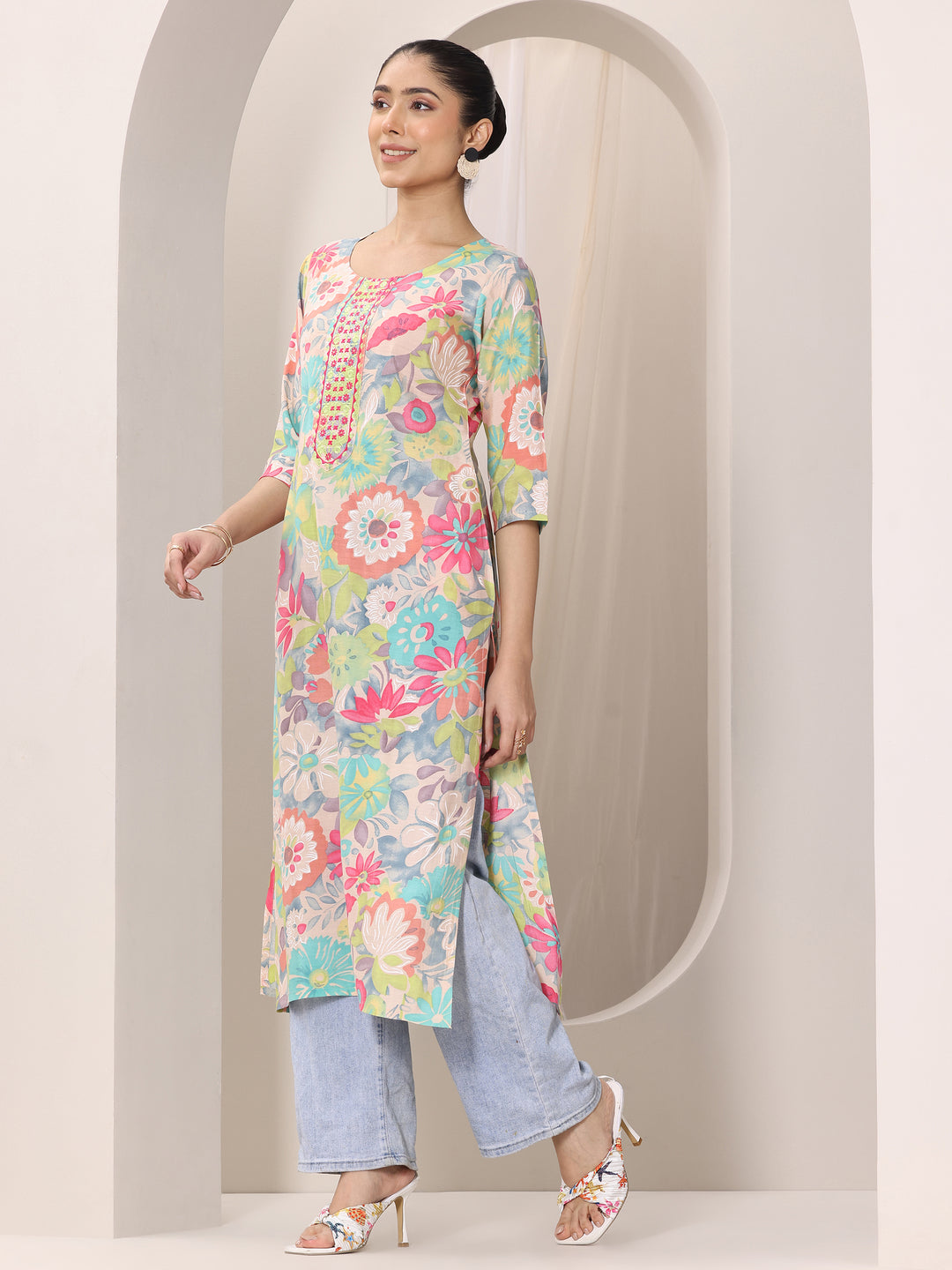 Multi Printed Silk Blend Straight Kurta