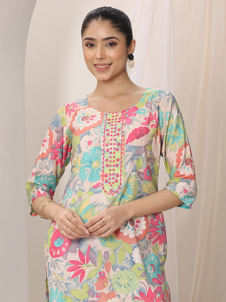 Multi Printed Silk Blend Straight Kurta