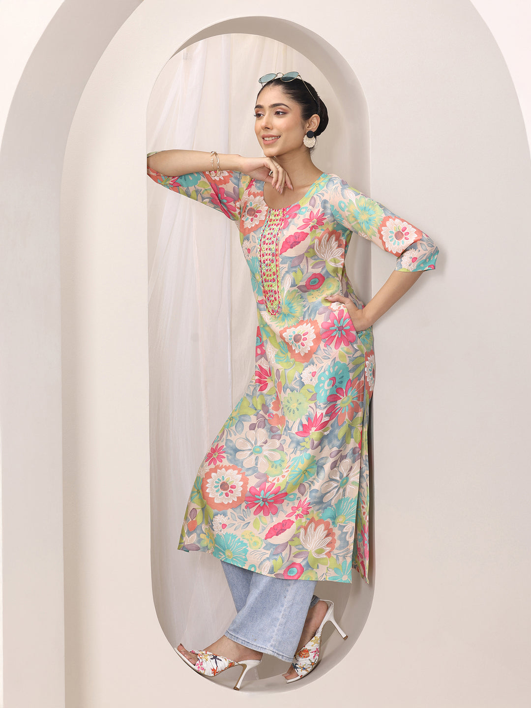 Multi Printed Silk Blend Straight Kurta