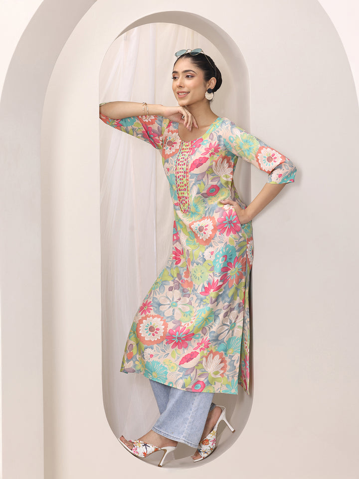 Multi Printed Silk Blend Straight Kurta