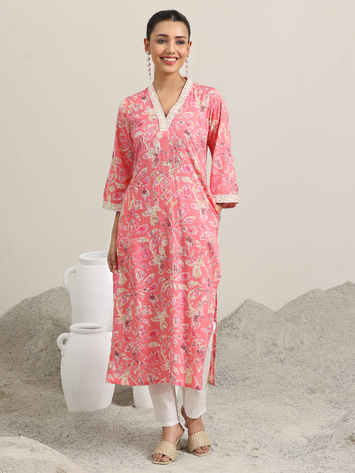 Pink Printed Cotton Blend Straight Kurta
