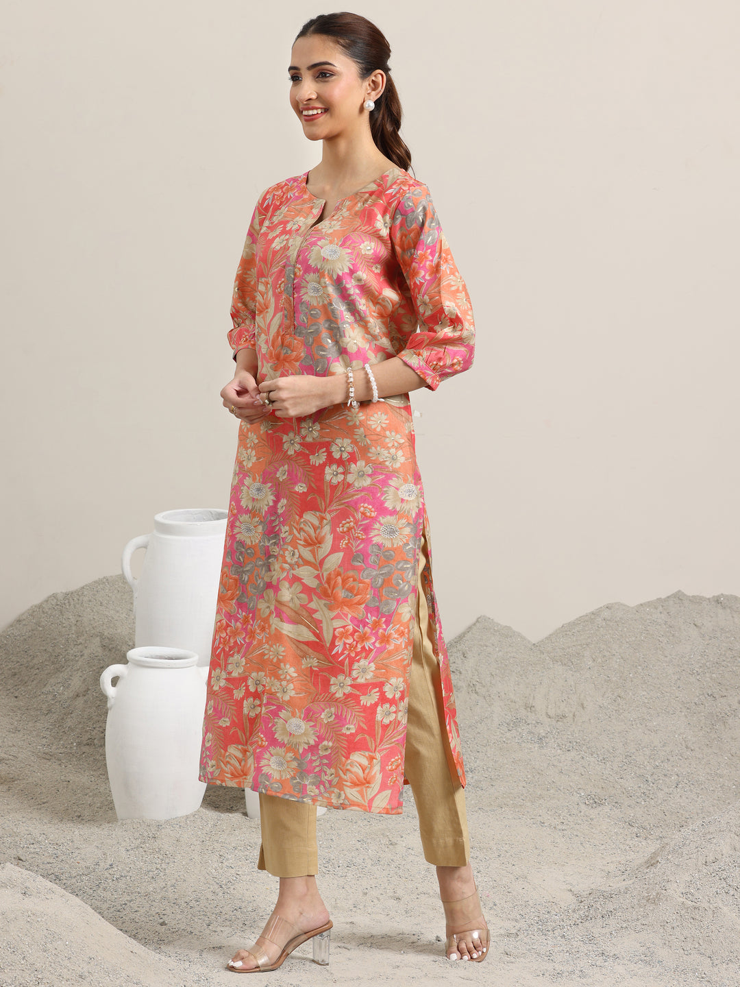 Peach Printed Silk Blend Straight Kurta