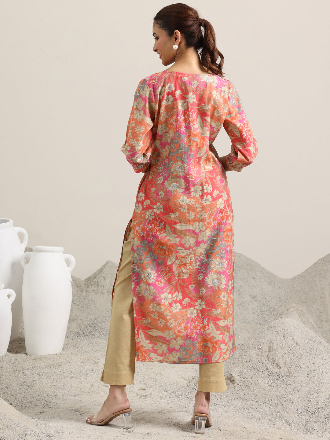 Peach Printed Silk Blend Straight Kurta
