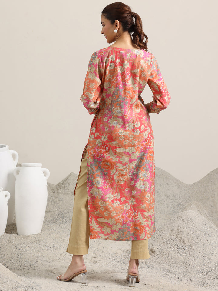 Peach Printed Silk Blend Straight Kurta