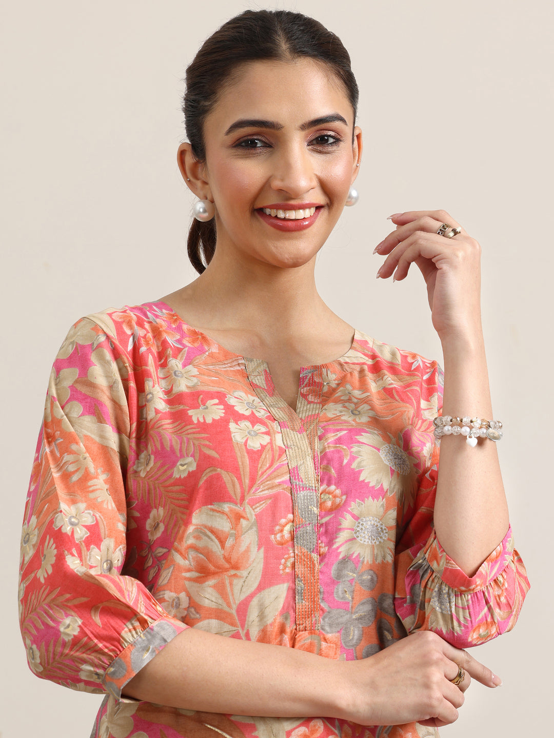 Peach Printed Silk Blend Straight Kurta