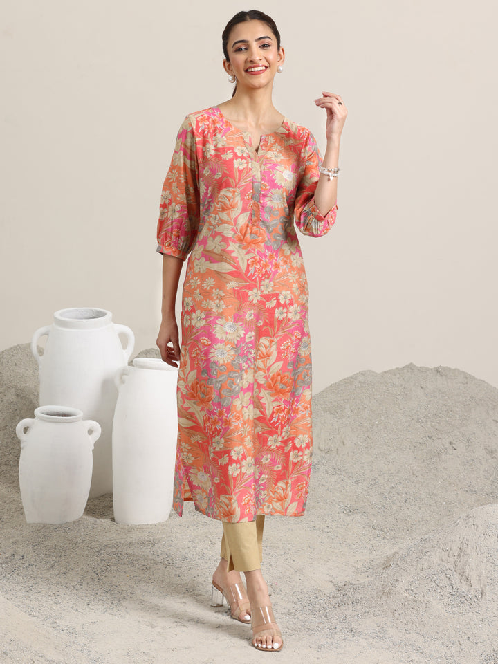 Peach Printed Silk Blend Straight Kurta