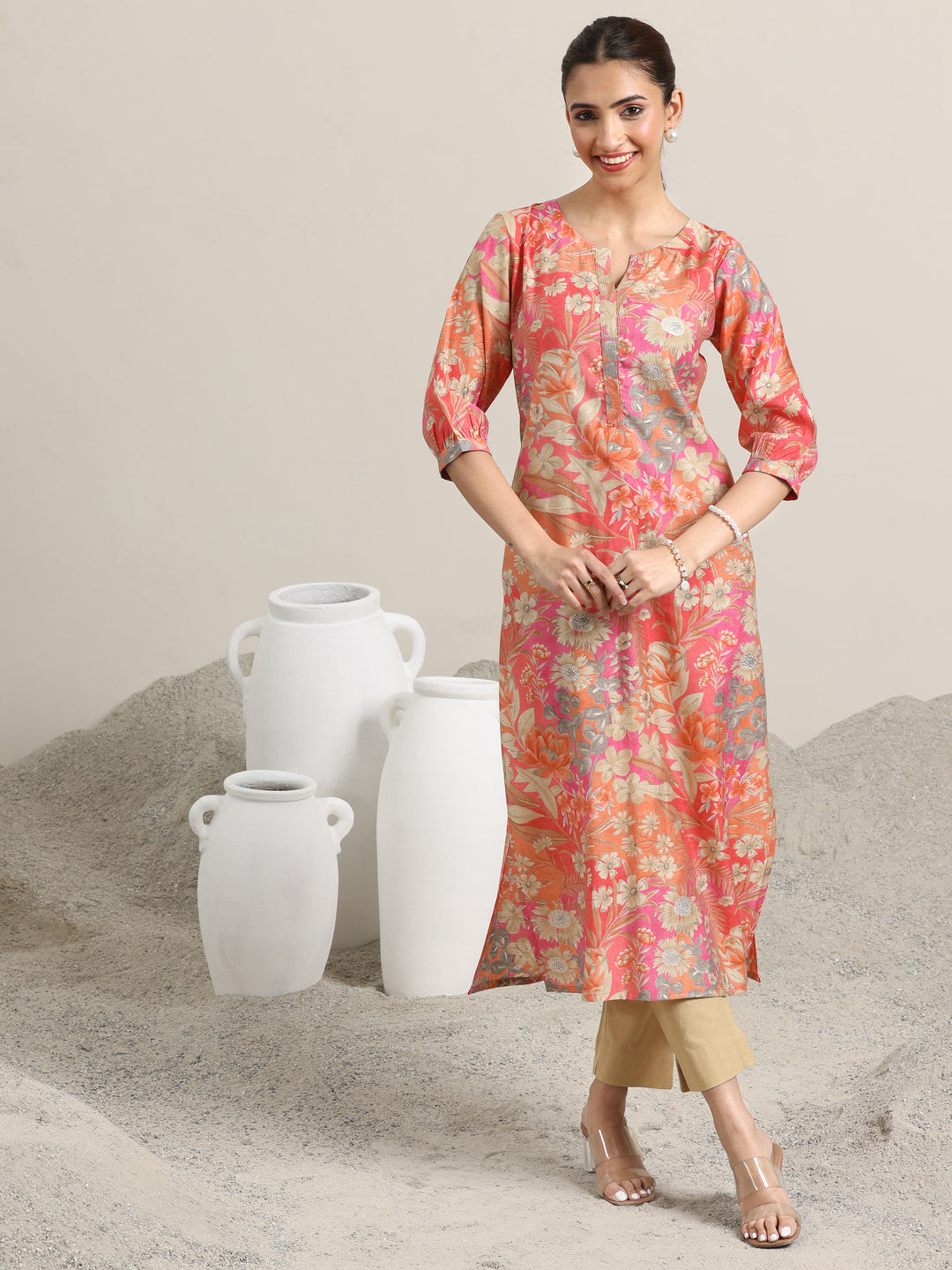 Peach Printed Silk Blend Straight Kurta