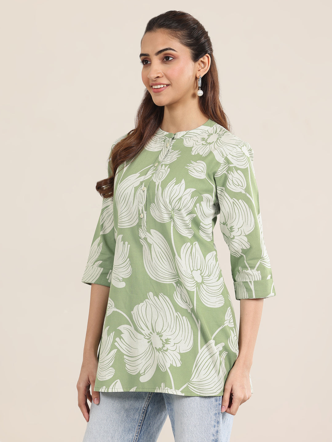 Green Printed Cotton Straight Short Kurti