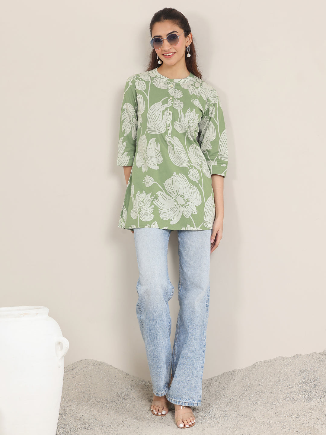 Green Printed Cotton Straight Short Kurti