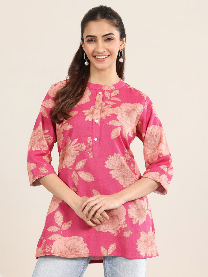 Pink Printed Cotton Straight Short Kurti