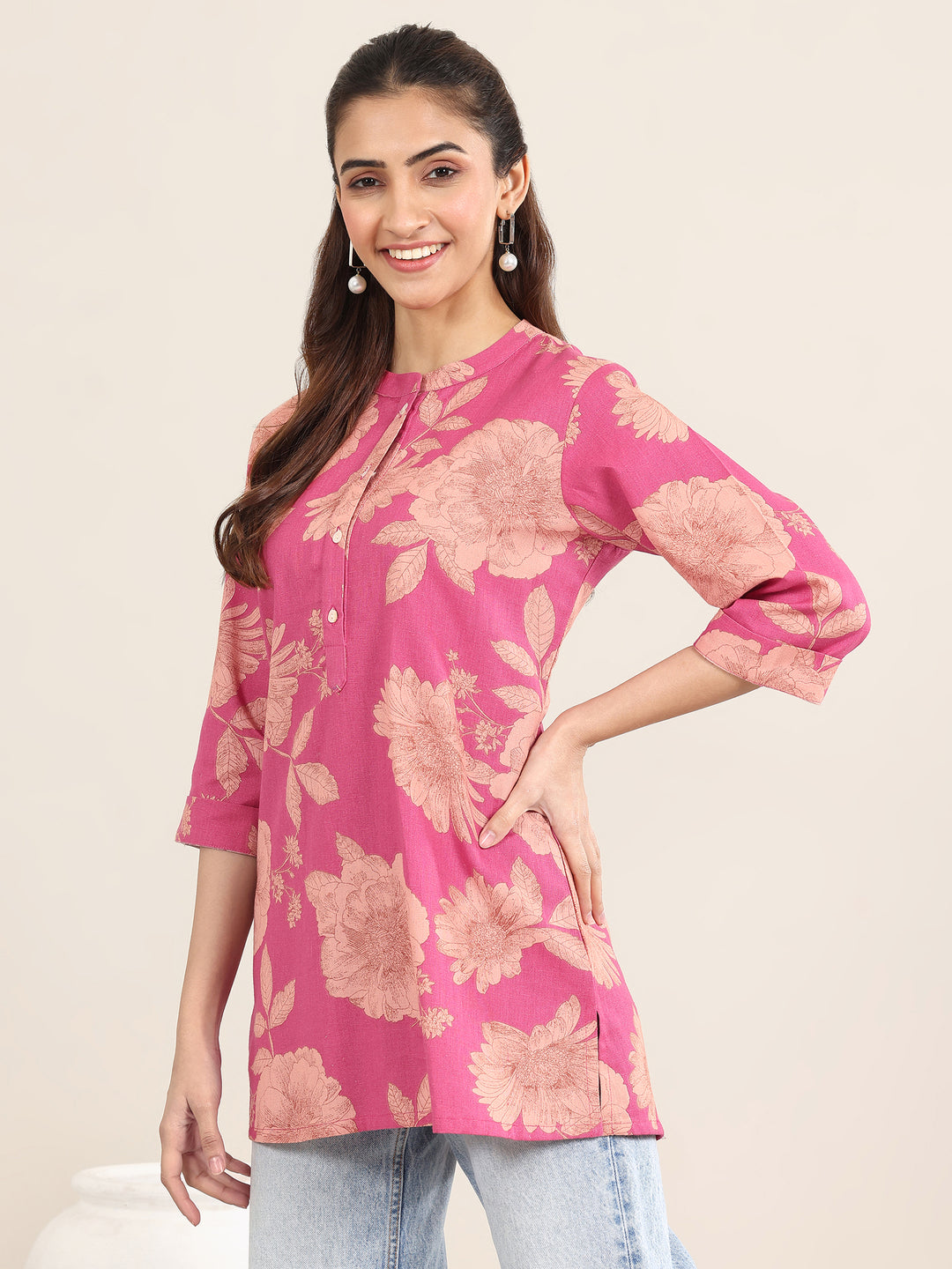 Pink Printed Cotton Straight Short Kurti