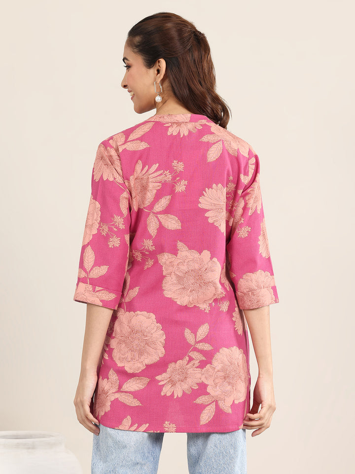 Pink Printed Cotton Straight Short Kurti