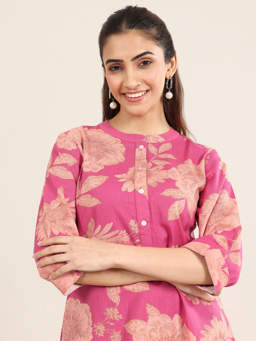 Pink Printed Cotton Straight Short Kurti
