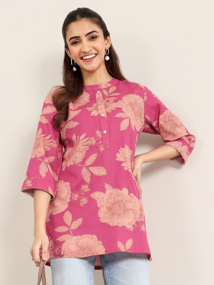 Pink Printed Cotton Straight Short Kurti