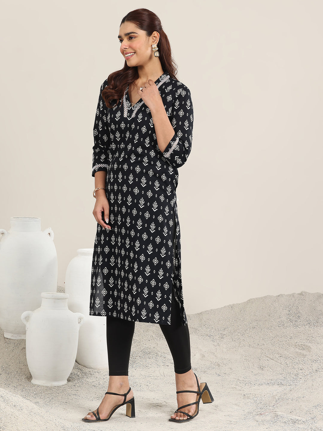 Black Printed Cotton Straight Kurta