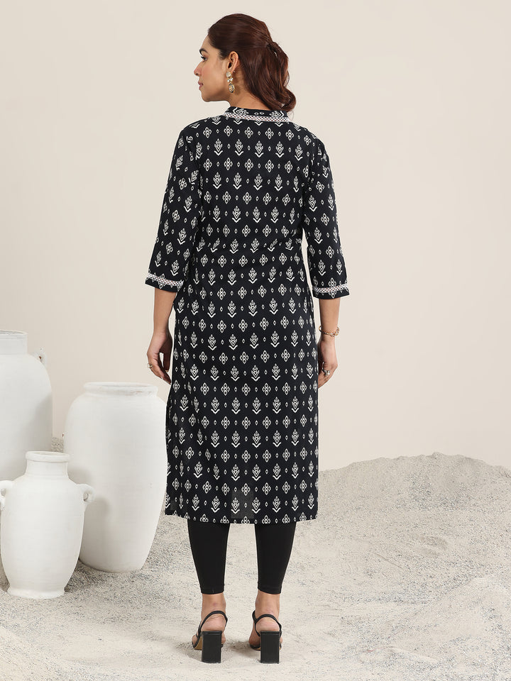 Black Printed Cotton Straight Kurta