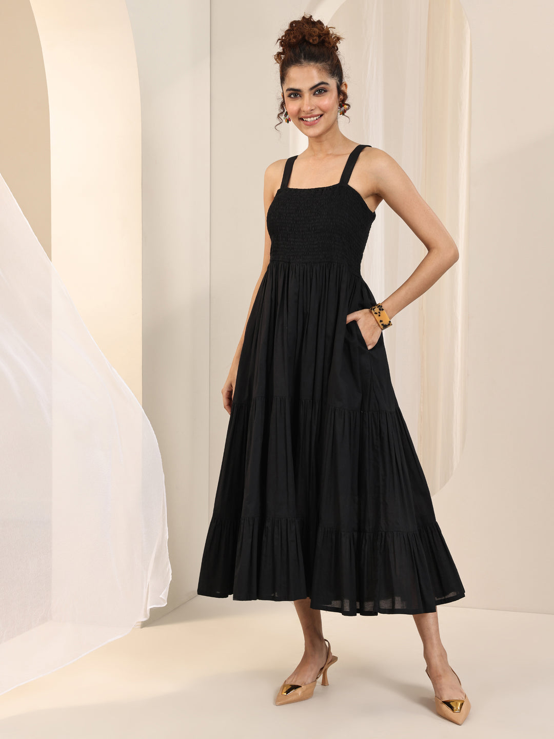 Black Solid Cotton Tiered Fit and Flare One Piece Dress