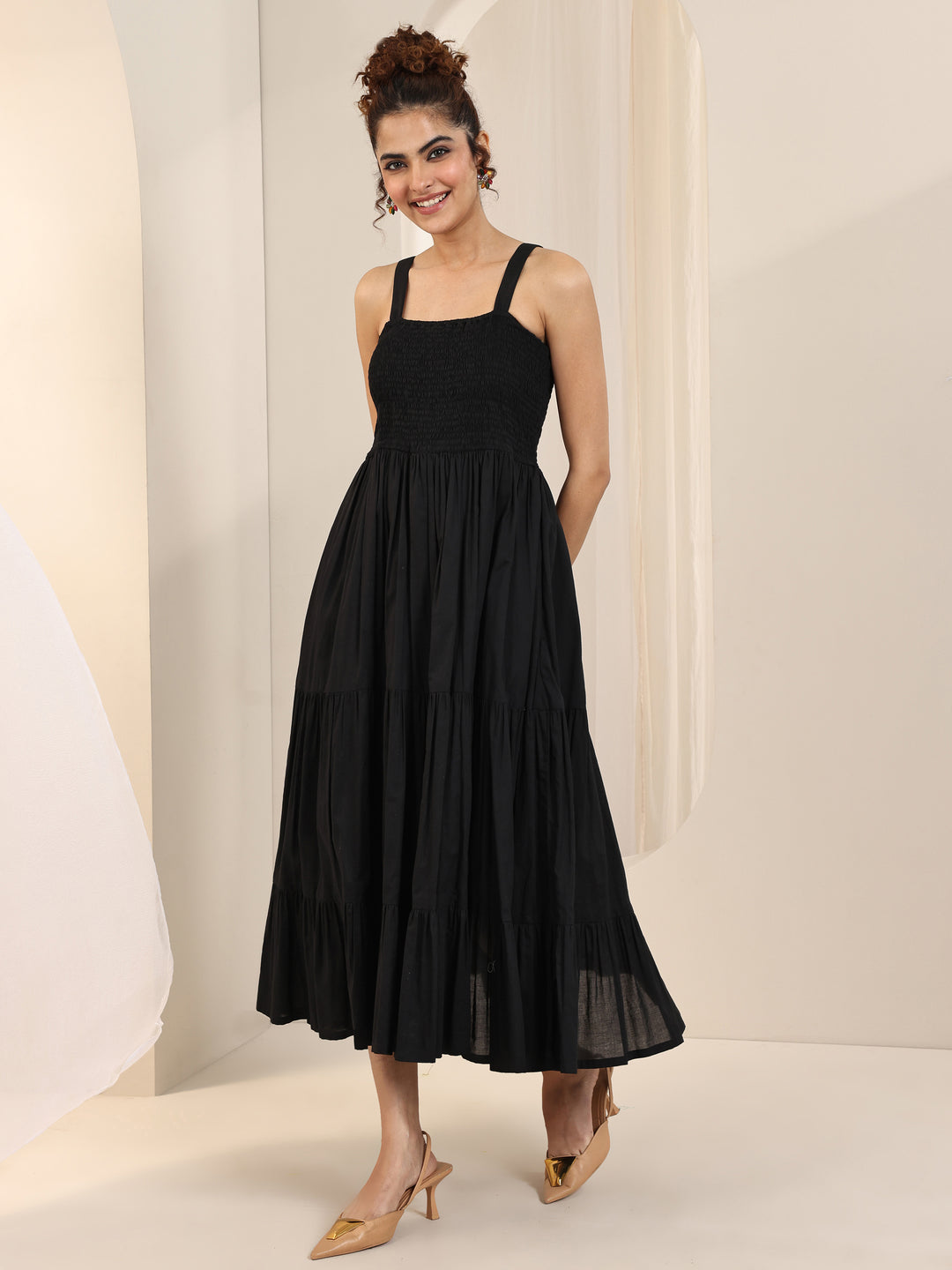 Black Solid Cotton Tiered Fit and Flare One Piece Dress