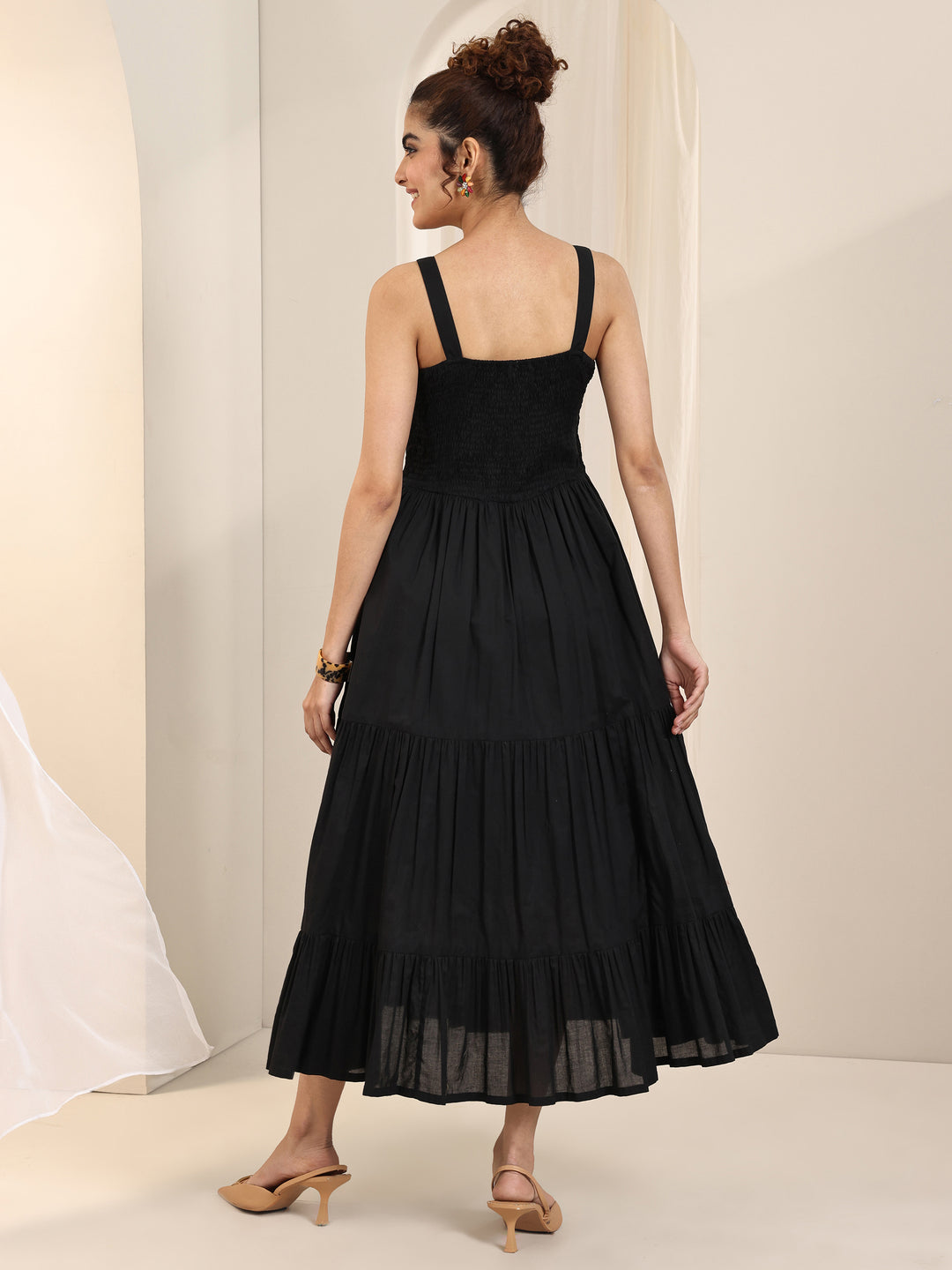 Black Solid Cotton Tiered Fit and Flare One Piece Dress