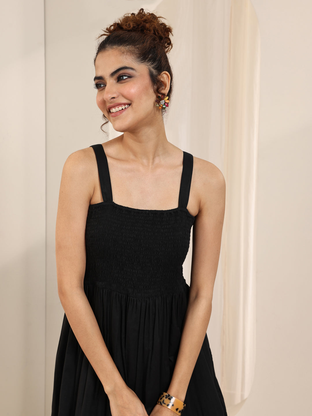 Black Solid Cotton Tiered Fit and Flare One Piece Dress