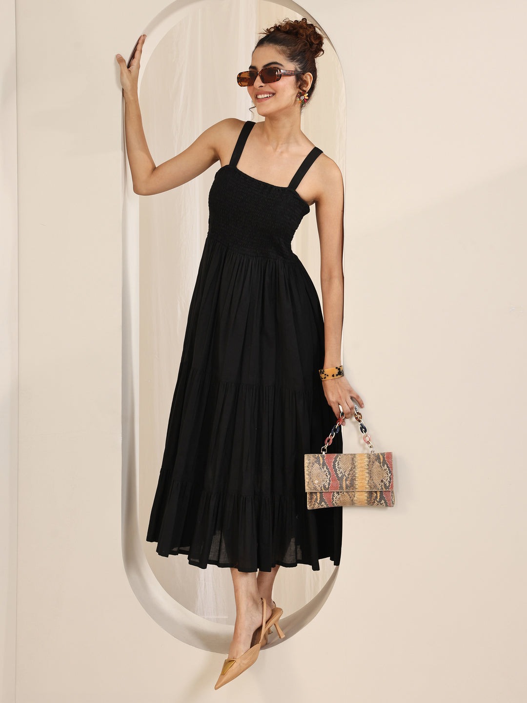 Black Solid Cotton Tiered Fit and Flare One Piece Dress