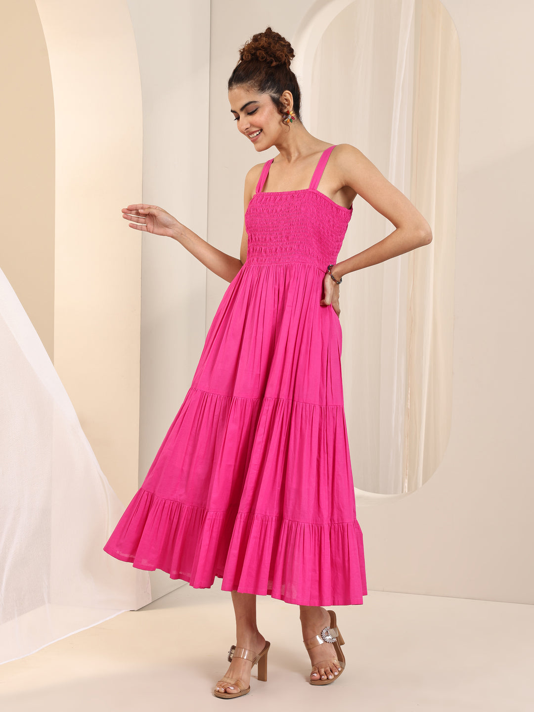 Pink Solid Cotton Tiered Fit and Flare One Piece Dress