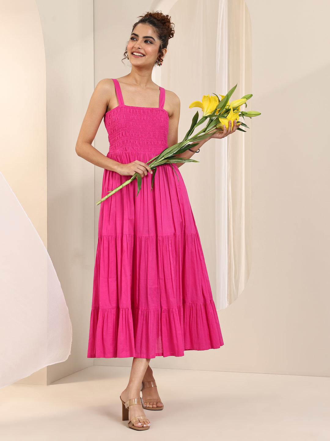 Pink Solid Cotton Tiered Fit and Flare One Piece Dress