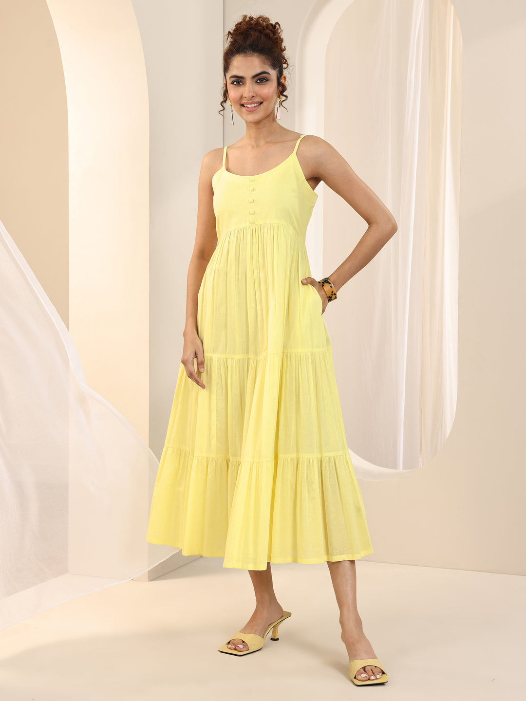 Yellow Solid Cotton Fit and Flare One Piece Dress
