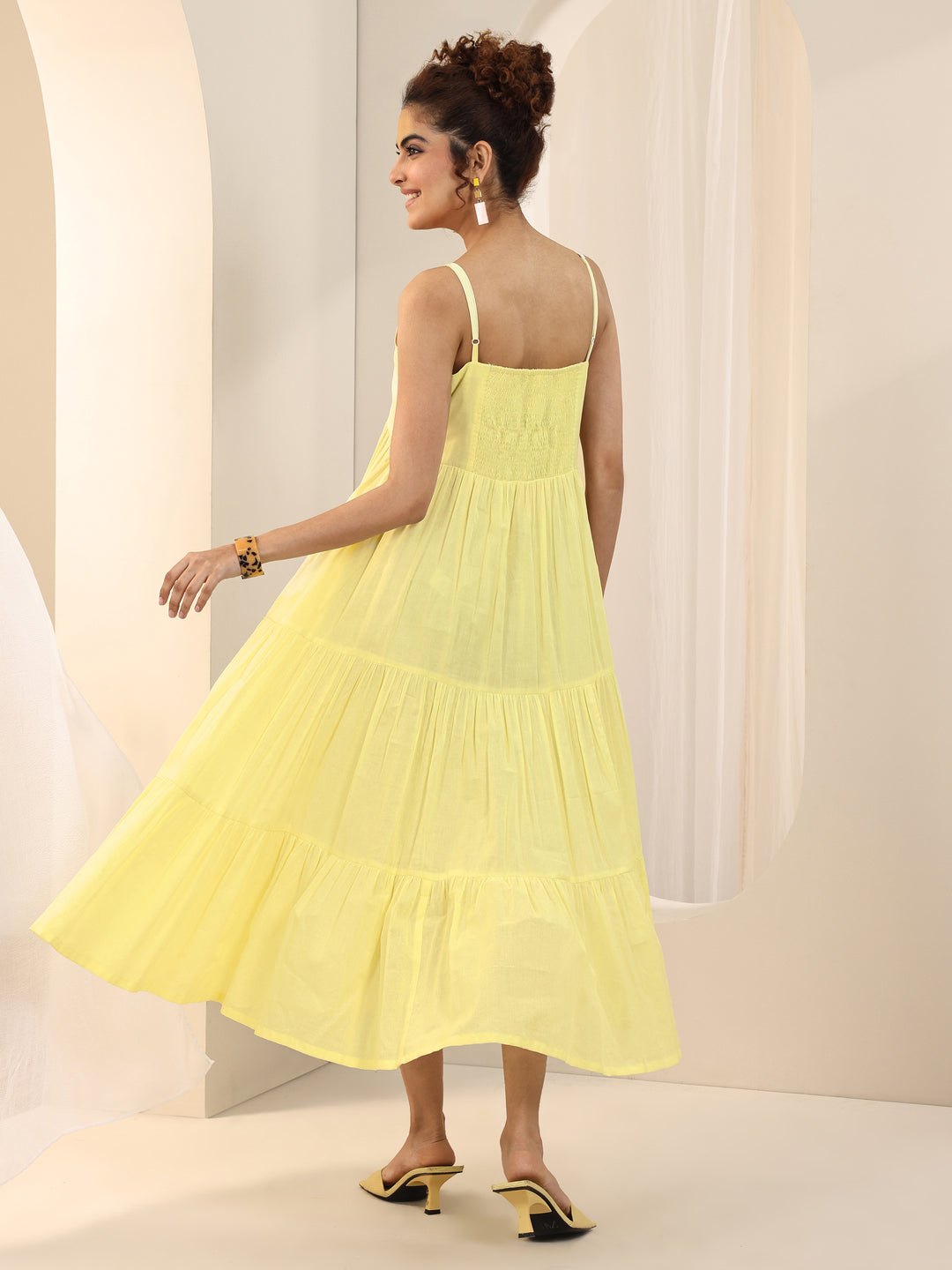 Yellow Solid Cotton Fit and Flare One Piece Dress