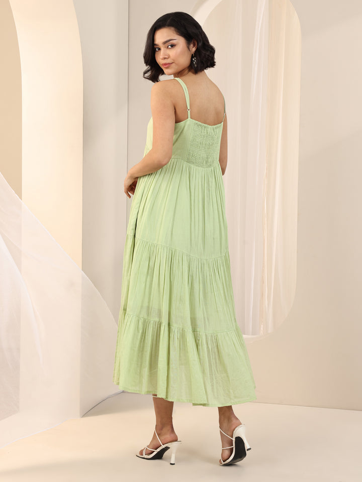 Green Solid Cotton Tiered Fit and Flare One Piece Dress